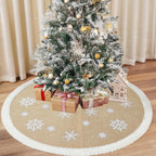 AerWo 60 inch Christmas Tree Skirt with White Snowflake, Large Burlap Tree Skirts with Fur Border, Rustic Farmhouse Tree Skirt for Xmas Tree Decorations Indoor Outdoor Holiday Decor