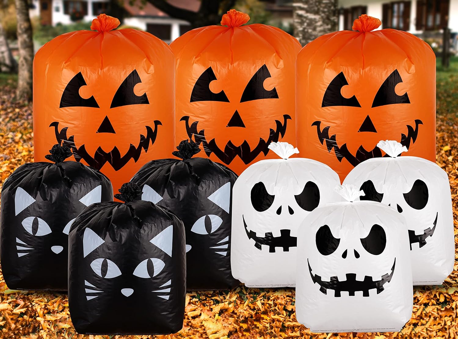 Giiffu 9-Pack Halloween Leaf Bags with Twist Ties – Heavy Duty Pumpkin Yard Waste Bags for Lawn, Garden, Porch, Indoor & Outdoor Halloween Decorations