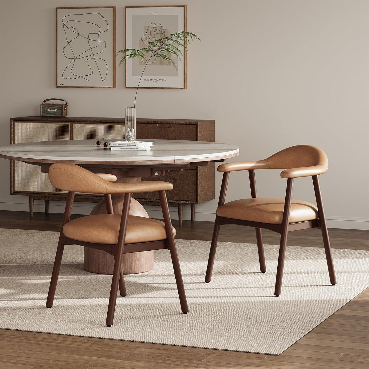 MALOL Leather Dining Chair with Armrest Set of 2, Upholstered Dining Room Chair with Curved Back and Wood Legs, Mid Century Modern Kitchen Chairs for Kitchen Dining Room,Brown