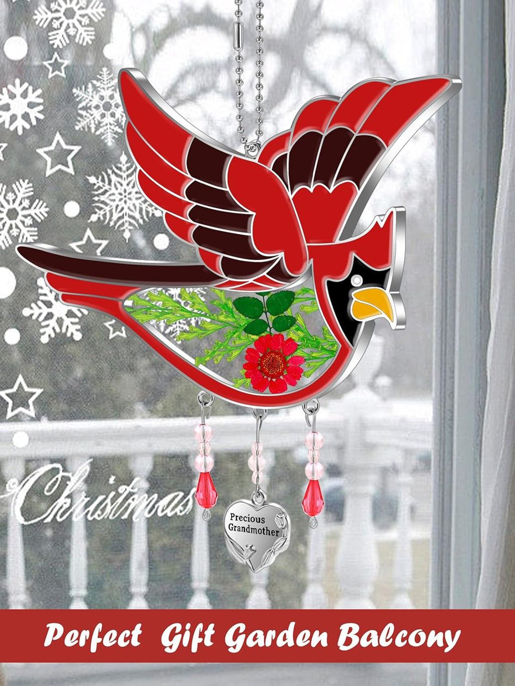 KY&BOSAM Cardinal Suncatcher Grandma Gifts Glass Suncatchers for Windows Hanings Wind Chime,Pressed Real Flower and Heart Precious Grandmother Charm Birthday Gift for Women Mother`s Day Christmas