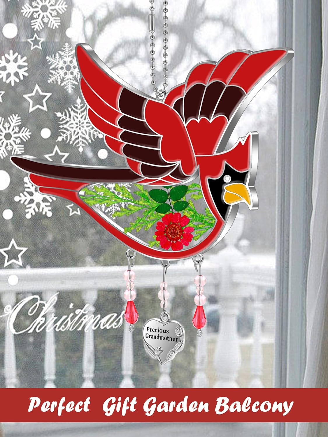 KY&BOSAM Cardinal Suncatcher Grandma Gifts Glass Suncatchers for Windows Hanings Wind Chime,Pressed Real Flower and Heart Precious Grandmother Charm Birthday Gift for Women Mother`s Day Christmas