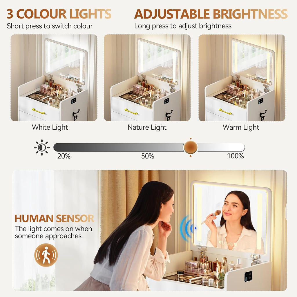 Small Makeup Vanity Desk with Flip up Mirror and Lights(White) | 3 in 1 Vanity Table with Charging Station,Glass Top,3 Drawers,Compact Dressing Table with Wheel Storage Stool for Bedroom