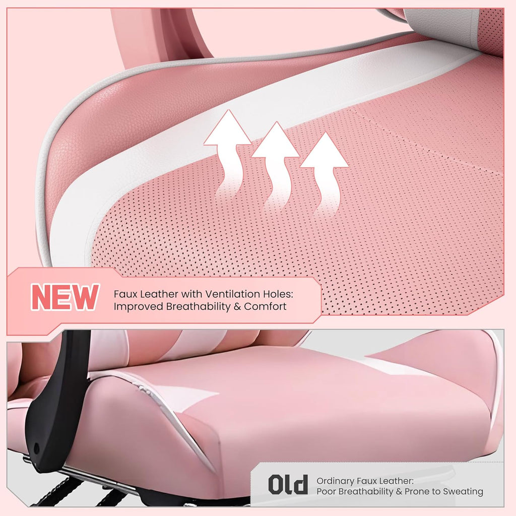 Yaheetech Gaming Chair with Footrest Massage Lumbar Pillow Pink and White | Foam-padded PU leather racing seat and plush headrest recline with a slide-out footrest; metal frame supports up to 300 lb.