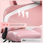 Yaheetech Gaming Chair with Footrest Massage Lumbar Pillow Pink and White | Foam-padded PU leather racing seat and plush headrest recline with a slide-out footrest; metal frame supports up to 300 lb.
