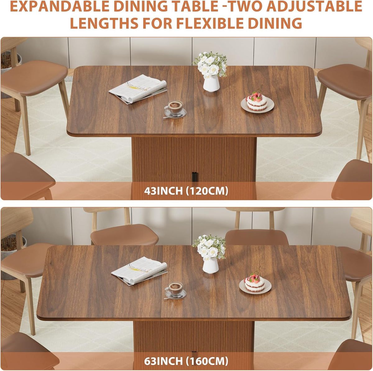 Extendable Dining Table for 4–6, 47″–63″ Rectangular Kitchen Table with Storage, Mid Century Modern Expandable Dinner Table for Dining Room,Kitchen