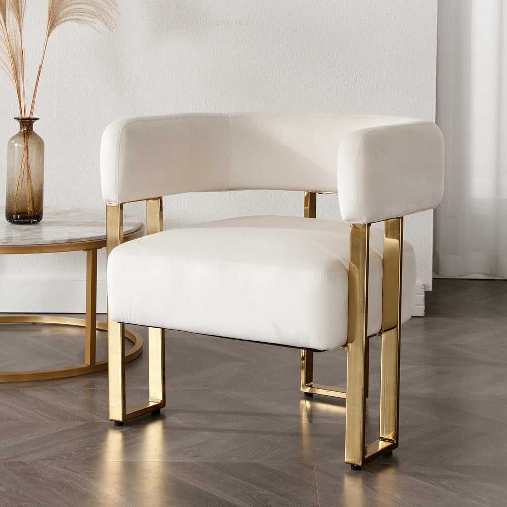 Barrel Accent Chair, Living Room Side Chair with Golden Metal Legs, Soft Velvet Upholstered Reading Armchair for Bedroom, Modern Club Chair for Reception Room/Lounge/Office, Ivory