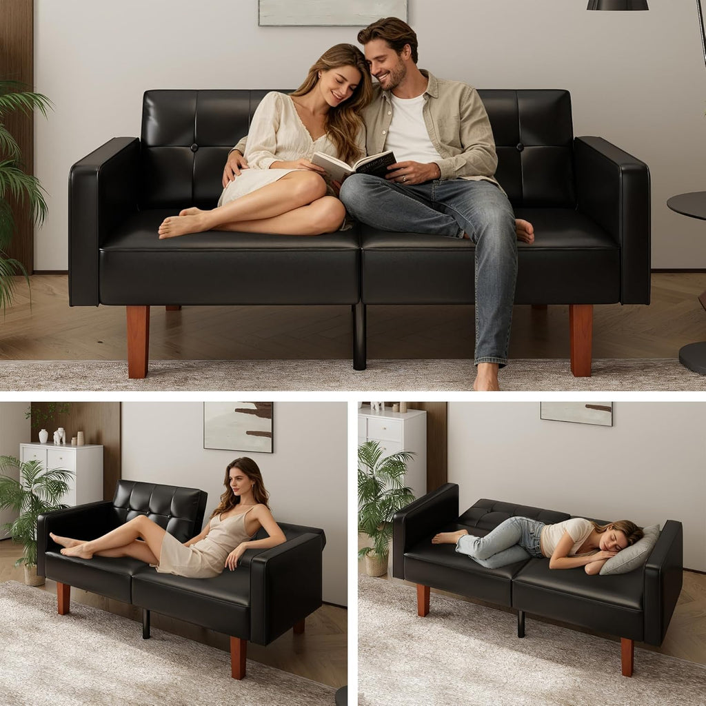 mikibama Convertible PU Leather Black Futon Sofa Bed with Split Back,Mid Century Modern Sleeper Couch Beds,68.11" Tufted Loveseat Futons for Living Room RV, Small Spaces