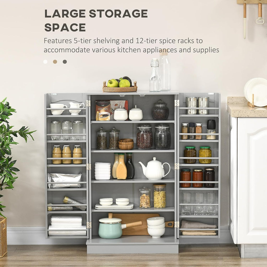 41" Paper Gray Kitchen Pantry Cabinet Freestanding Vertical Cupboard with Double Doors 5-Tier Interior Shelves & 12 Door Racks Adjustable Storage
