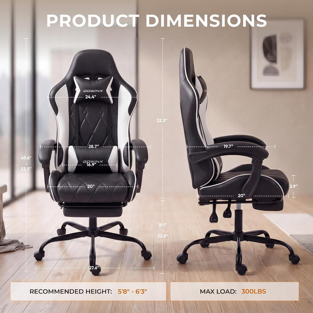 Dowinx Gaming Chair with Footrest, Ergonomic Office Chair, Black White | PU leather over high-density foam with lumbar support; steel frame holds 300 lbs; built for WFH, study, and napping