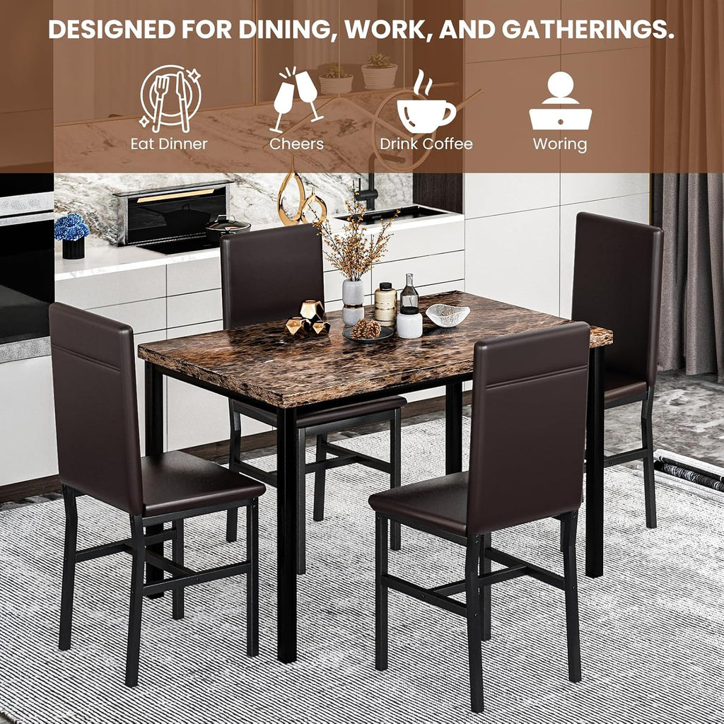 Recaceik 5-Piece Dining Table Set for 4, Faux Marble Kitchen Table Chairs Set of 4, Kitchen Table Set with 4 Upholstered PU Leather Chairs for Dining Room, Living Room, Apartment, Small Spaces, Brown