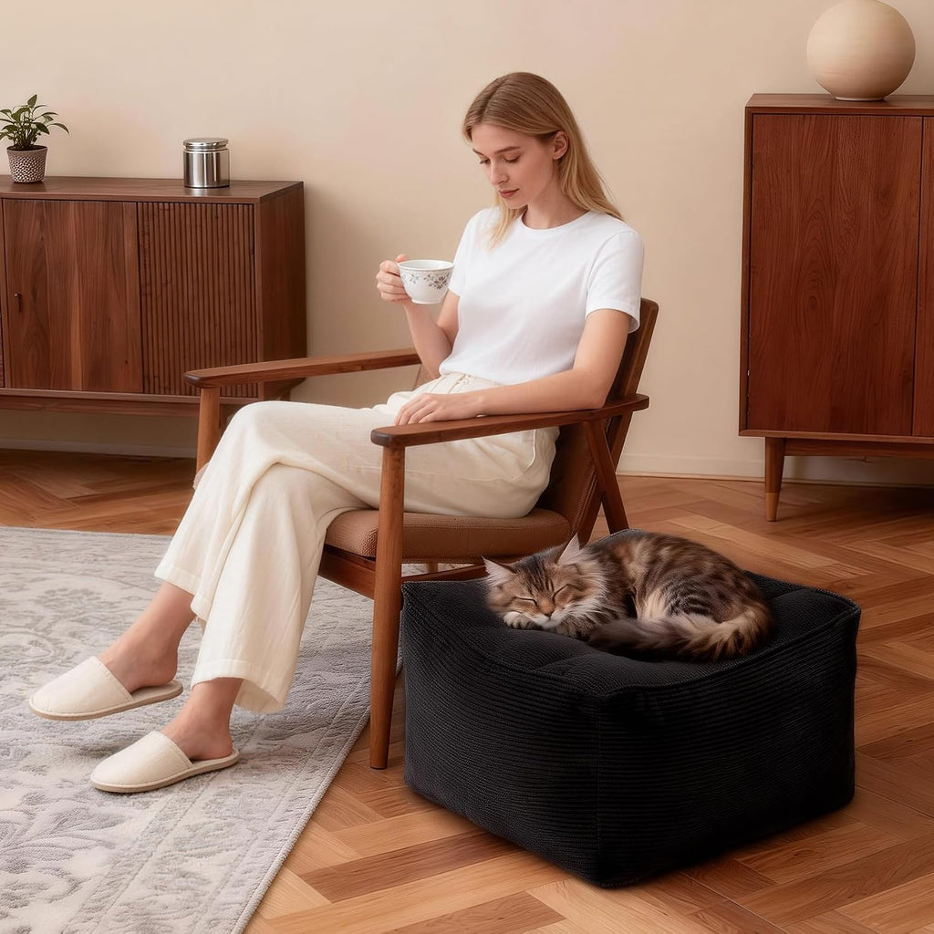 Square Corduroy Pouf Ottoman, Soft Fluffy Foot Stool with Foam Chunk Filling, Floor Pouf & Storage Ottoman for Living Room
