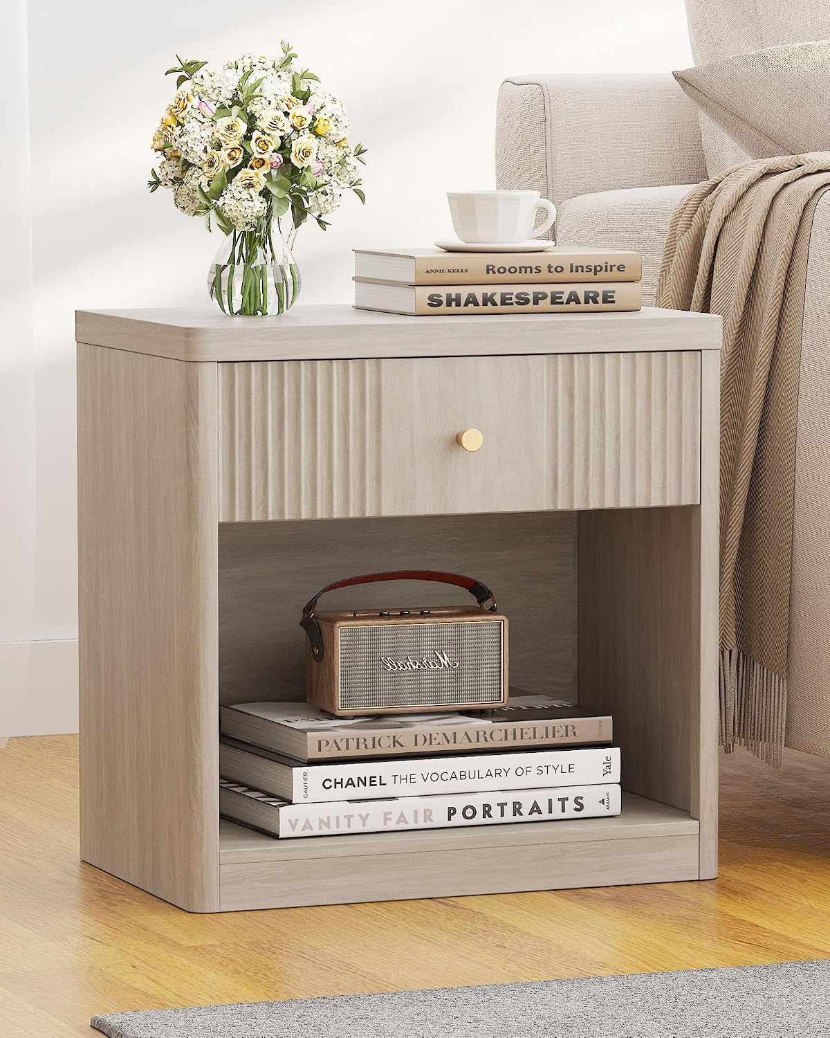 Memobarco Night Stand Set of 2, Fluted Nightstands with Drawer, White Alder | Large Bedside Tables, End Tables with Storage, Modern Design, Bedroom, Living Room, Sofa, Office
