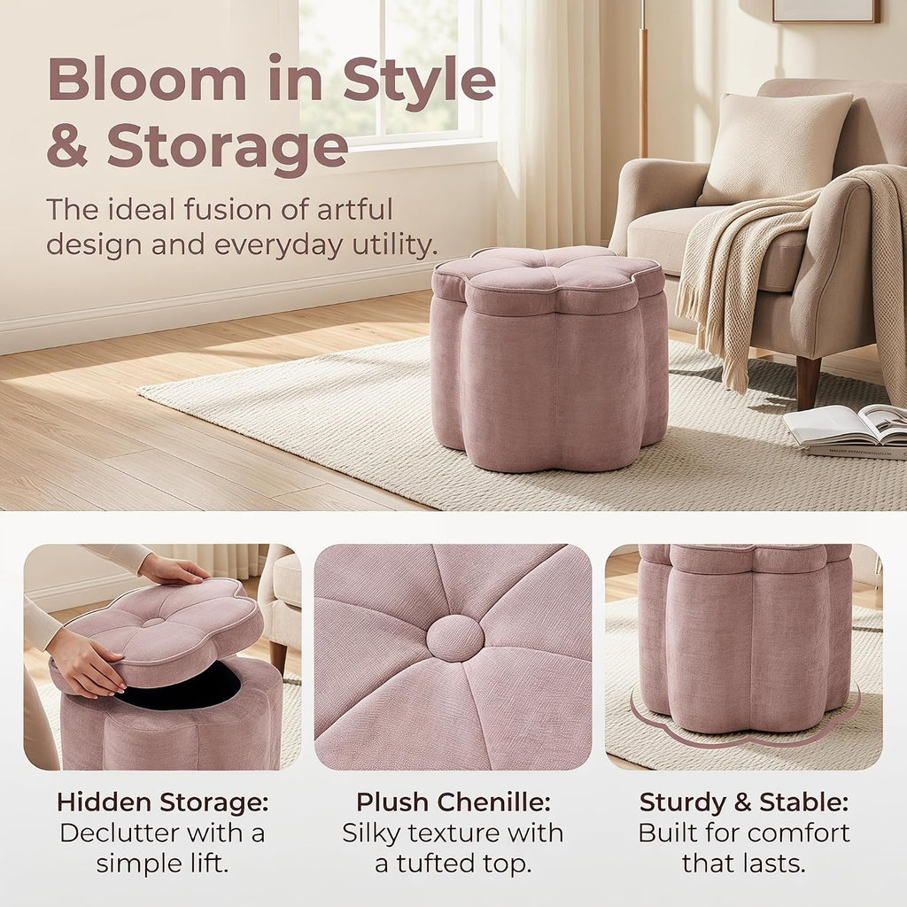 Crestview Collection 14.5" H Pink Flower Storage Ottoman,Sandy Pink | Chenille Fabric,Holds 300 LBS,Seating Foot Rest,For Bedroom Living Room Entryway,Home Decor