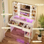 HUAHUU Vanity Desk with Mirror and Lights, Makeup Vanity Desk with Lights 3 Colors, Transparent Top Vanity with 2 RGB Drawers, 6 Shelves, Large Tempered Cabinet, Power Outlet, for Bedroom, White
