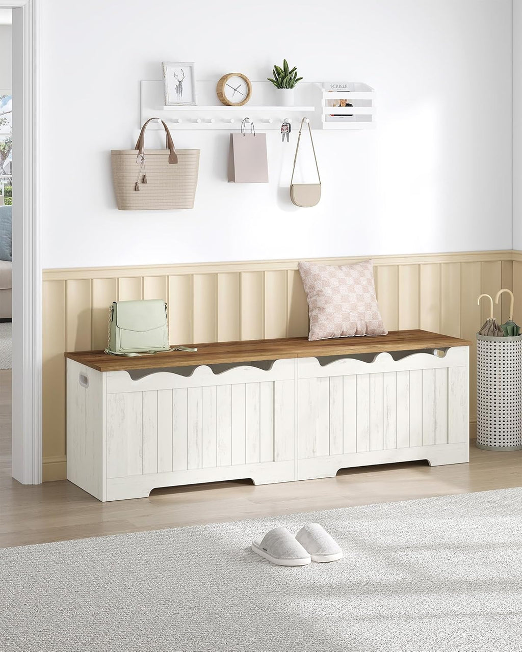 Hzuaneri 59" Storage Chest, Storage Bench Trunk with 2 Hinges, Wooden Box, Lift-Top Chest Organizer, Shoe Bench for Entryway, Bedroom, Living Room, Rustic White SB01514X