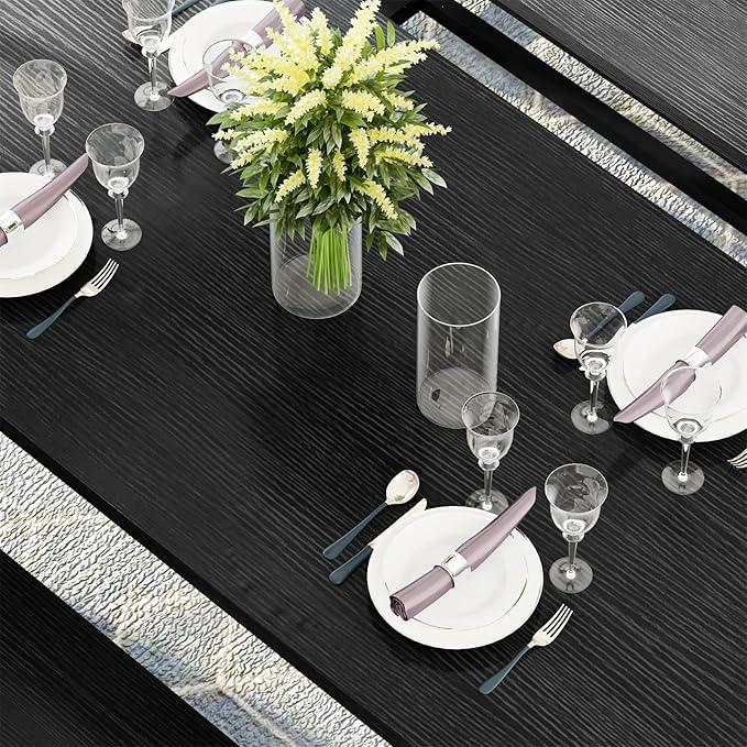 Recaceik Dining Room Table Set with 2 Benches, Kitchen Dining Table Set for 2-4 Person, Space Saving Kitchen Table and Chair Set with Metal Frame for Dining Room, Small Space, Breakfast Nook(Black)