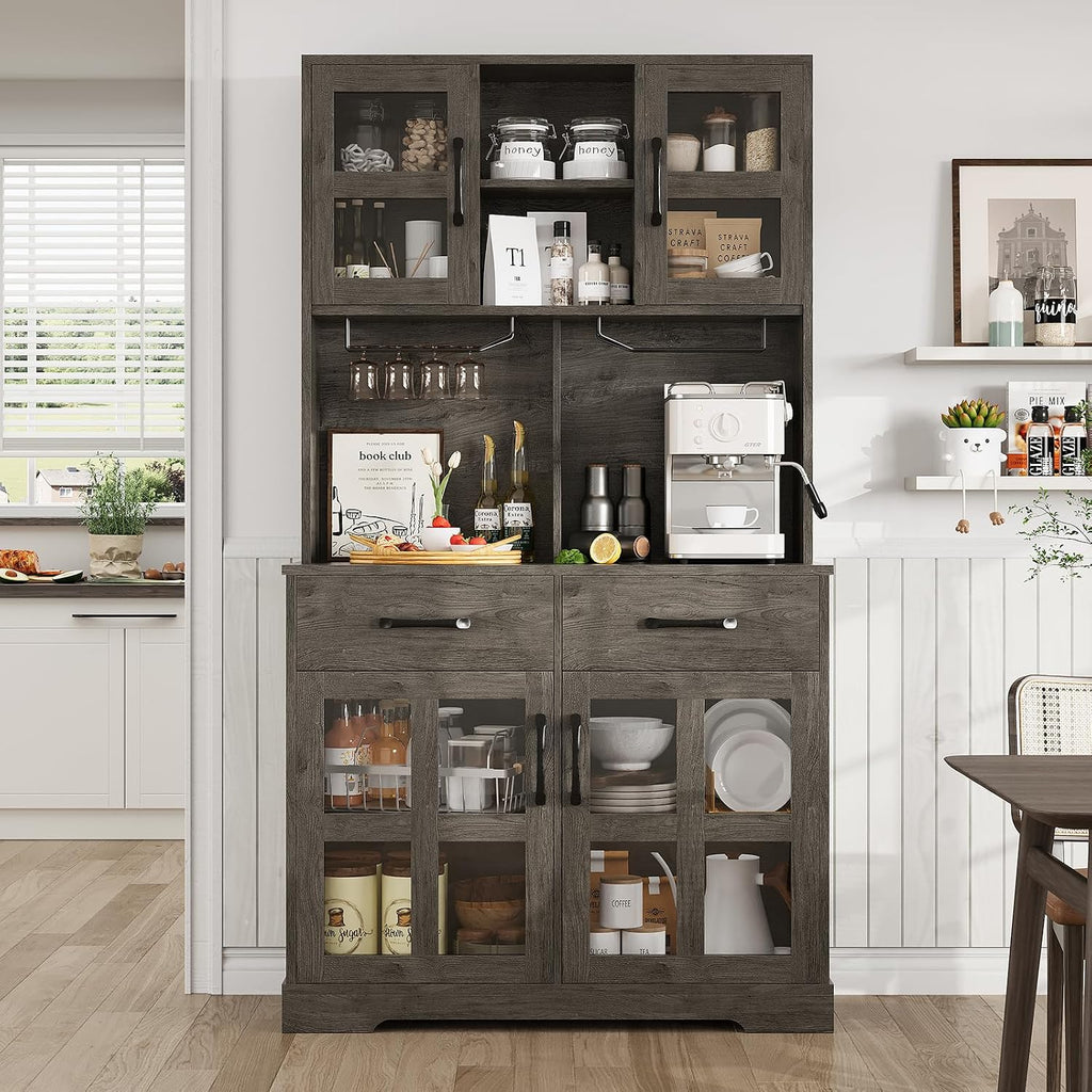 Kitchen Pantry Storage Cabinet, Modern Pantry with Power Outlet, Food Pantry Cabinet with Wine Glass Holder, Kitchen Hutch Cabinet with Microwave Stand, Kitchen Cabinet with Shelves for Dinning Room