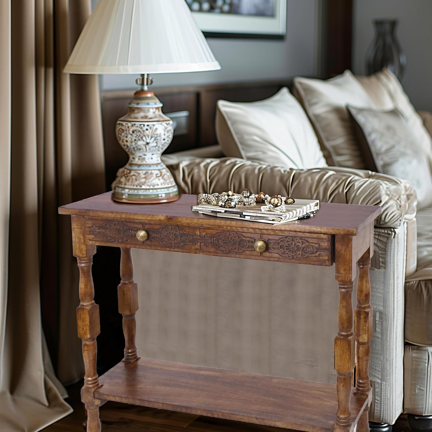 COTTON CRAFT Solid Wood Console Table - Hand Carved Accent Sofa Table | Antique Brown 36W x 32H x 11D Table with 2 Drawers- Small Space Hallway Entryway Transitional Traditional Farmhouse Furniture