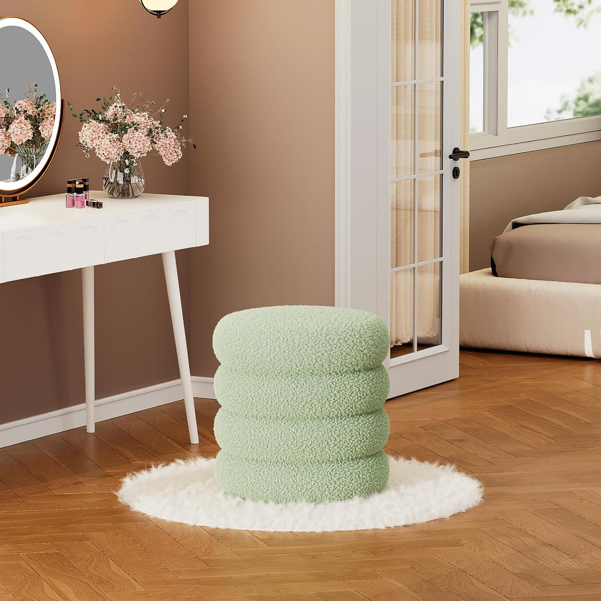 Soft Teddy Round Ottoman with Tray, 17.5 Inches Ottoman Coffee Table with Storage for Living Room, Vanity Stool with Storage Bedroom, Load up to 300 lb, No Assembly Required (Green)