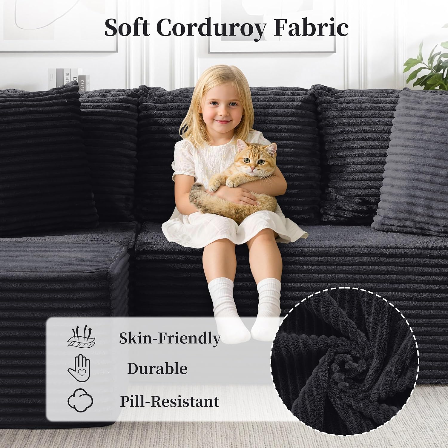 Korser Cloud Modular Sectional Sofa with L-Shaped, Couches for Living Room, Fluffy Comfy Corduroy Deep Seat with Ottoman, Bedroom, Apartment, No Assembly Required