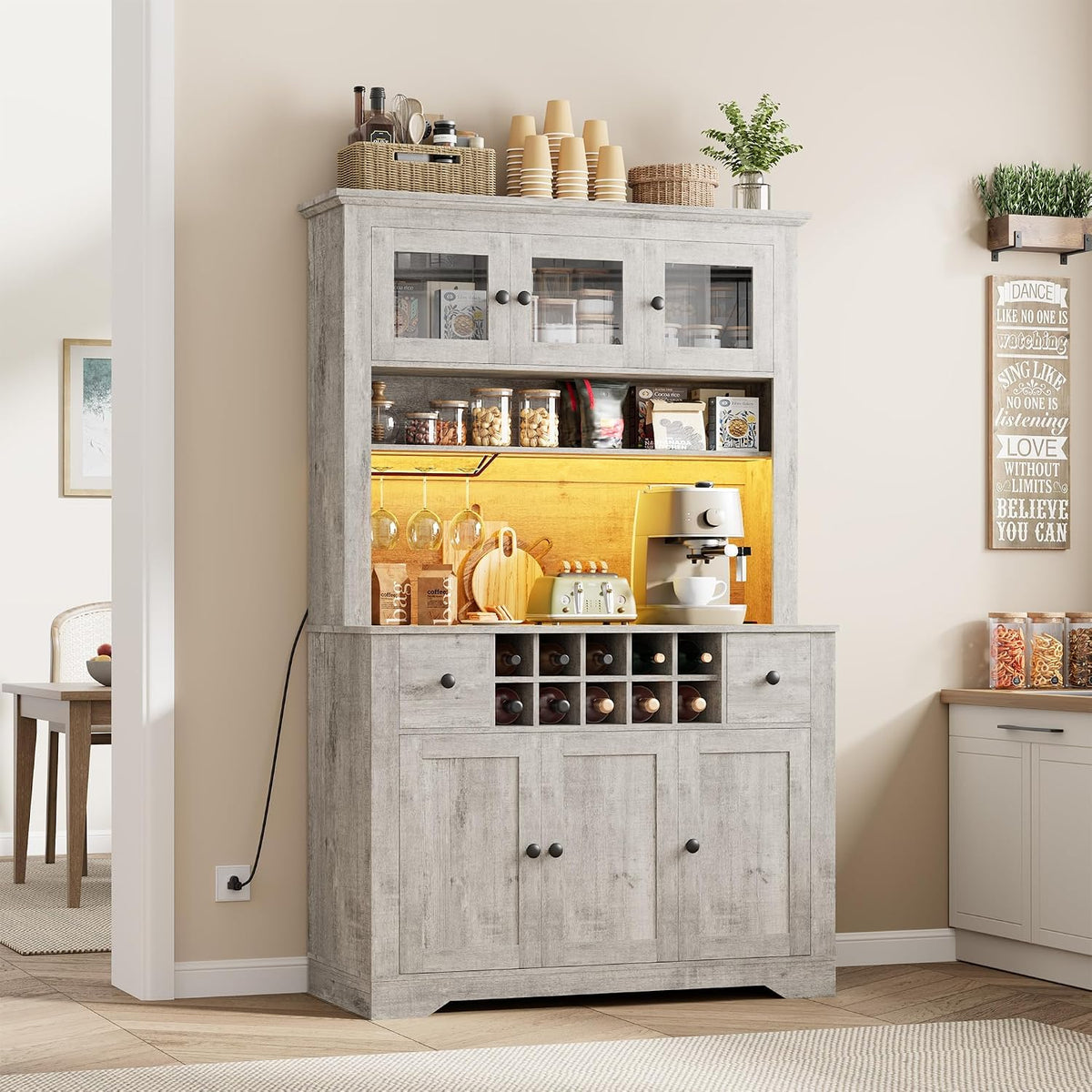 GAOMON 69" Pantry Cabinet with LED Light & Charging Station, Kitchen Pantry Storage Cabinet with Drawer & Adjustable Shelves, Coffee Bar Table for Kitchen Room, Living Room, Dining Room, Grey