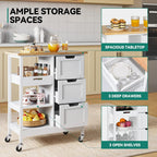 YITAHOME Small Solid Wood Top Kitchen Island Cart on Wheels with Storage, Rolling Portable Dining Room Serving Utility Carts Mobile Movable with 3 Drawers Cabinet, Oak & White