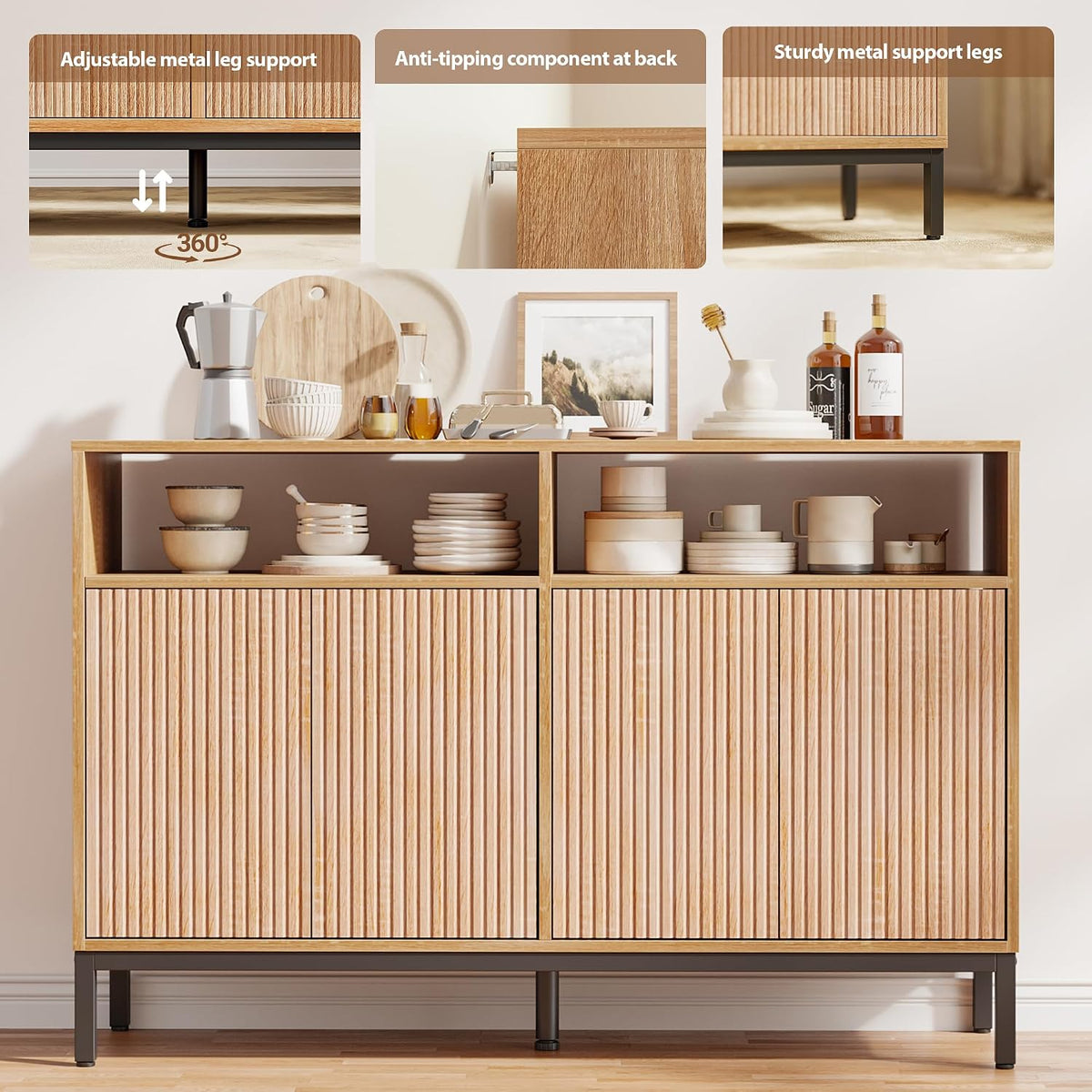Mericonia Farmhouse Buffet Sideboard Cabinet with Storage, Fluted Coffee Bar with Doors and Adjustable Shelves, Modern Wood Console Cabinet for Kitchen, Livingroom (Fluted 4 Door, Natural)