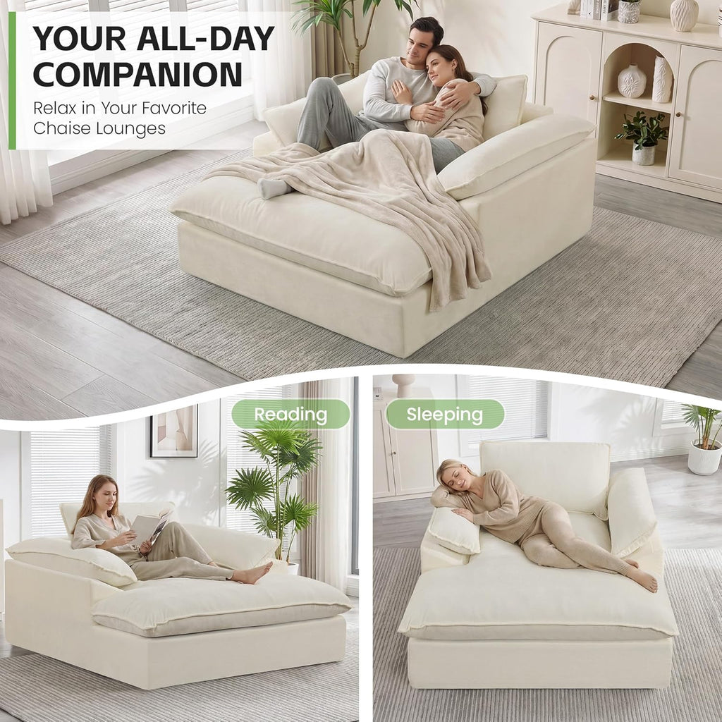 HUBSON 69" Oversized Chaise Lounge Chair Indoor, Comfy Deep Seat Sleeper Lounge Couch, Upholstered Chenille Cloud Chairs for Living Room, Bedroom, Apartment, No Assembly Required, Beige