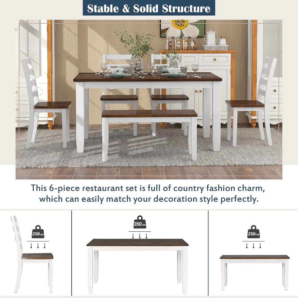 Harper & Bright Designs Rustic 6-Piece Dining Set with Table, 4 Chairs & Bench | Farmhouse Kitchen Table Set with Ergonomic Seating for Dining Room (Walnut + Cottage White)