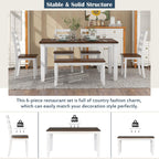 Harper & Bright Designs Rustic 6-Piece Dining Set with Table, 4 Chairs & Bench | Farmhouse Kitchen Table Set with Ergonomic Seating for Dining Room (Walnut + Cottage White)