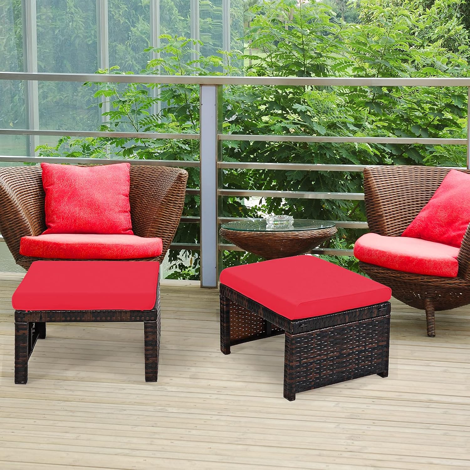 ORALNER Outdoor Ottoman, Set of 2 Wicker Footstools, All-Weather Rattan Foot Stools w/Removable Cushions, Patio Footrest Extra Seating for Porch, Poolside, Garden, Deck, Easy Assembly (Red)