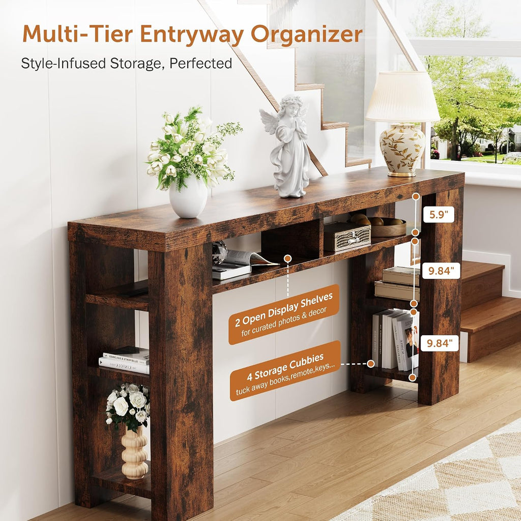 70.8" Extra Long Console Table with Outlets & USB Ports,Farmhouse Sofa Table with Storage Shelves for Behind Couch, Living Room, Entryway, Hallway, Brown