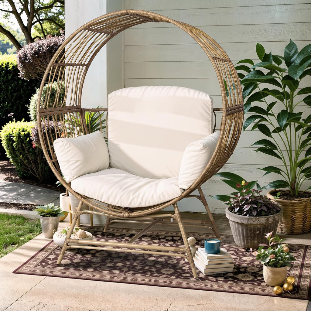 Fancyango Egg Chair Outdoor Indoor, Oversized Rattan Chair with Thicken Cushion, 350LBS Capacity Wicker Patio Lounge Chair, Basket Chair for Living Room Balcony Porch Backyard, Beige