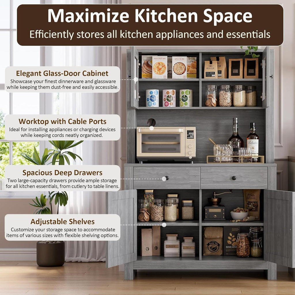 IDEALHOUSE 63" Kitchen Pantry Cabinet with Drawers, Hutch Cabinet with Storage, Microwave Stand, Adjustable Shelves, Freestanding Tall Pantry Storage for Dining Room, Living Room, Grey