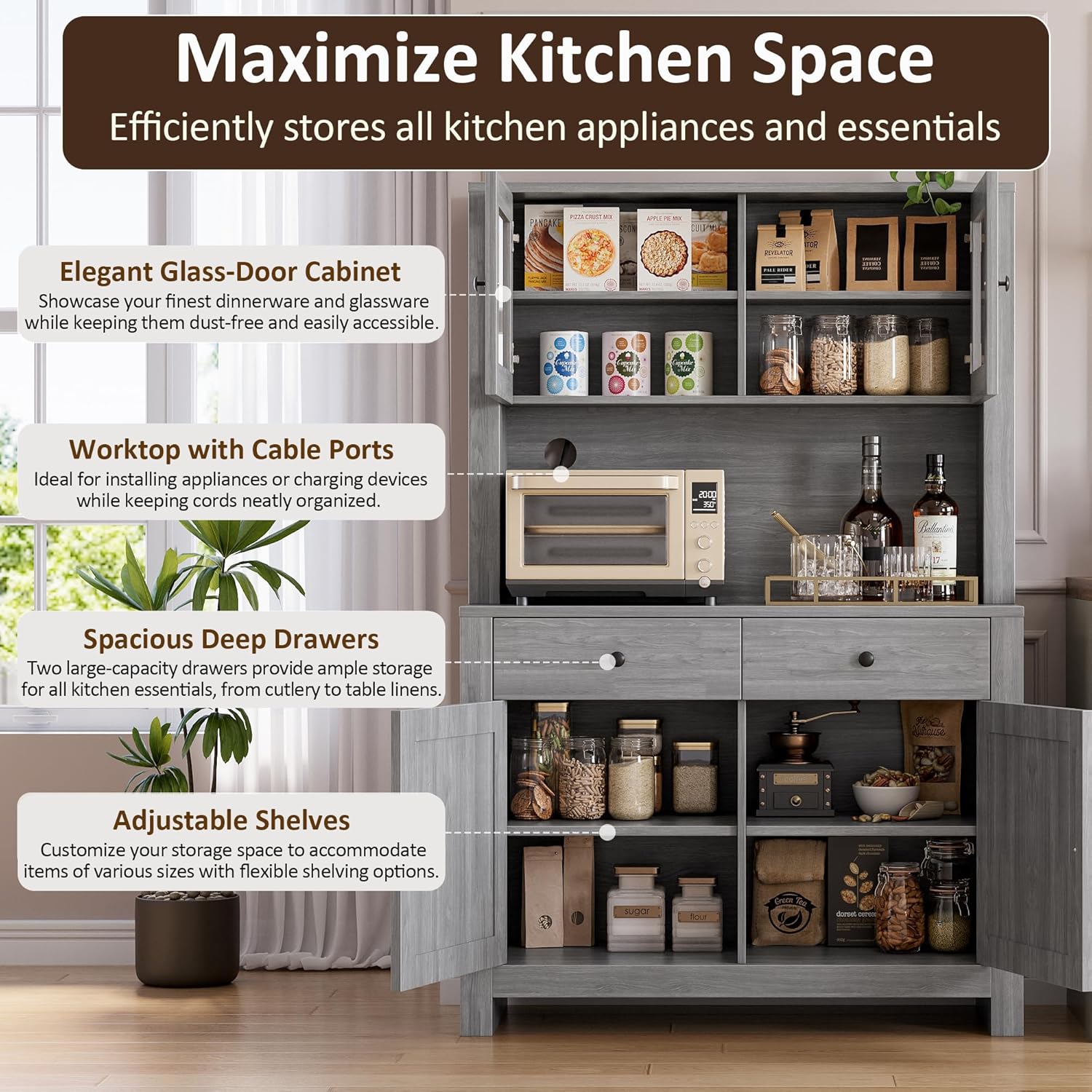 IDEALHOUSE 63" Kitchen Pantry Cabinet with Drawers, Hutch Cabinet with Storage, Microwave Stand, Adjustable Shelves, Freestanding Tall Pantry Storage for Dining Room, Living Room, Grey