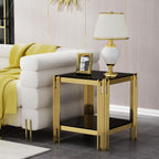 20” Square Glass End Table, 2-Tier Side Table with Black Tempered Glass Top Golden Mirrored Stainless Steel Legs, Modern Luxury Nightstand Bedside Table with Lower Shelf for Living Room