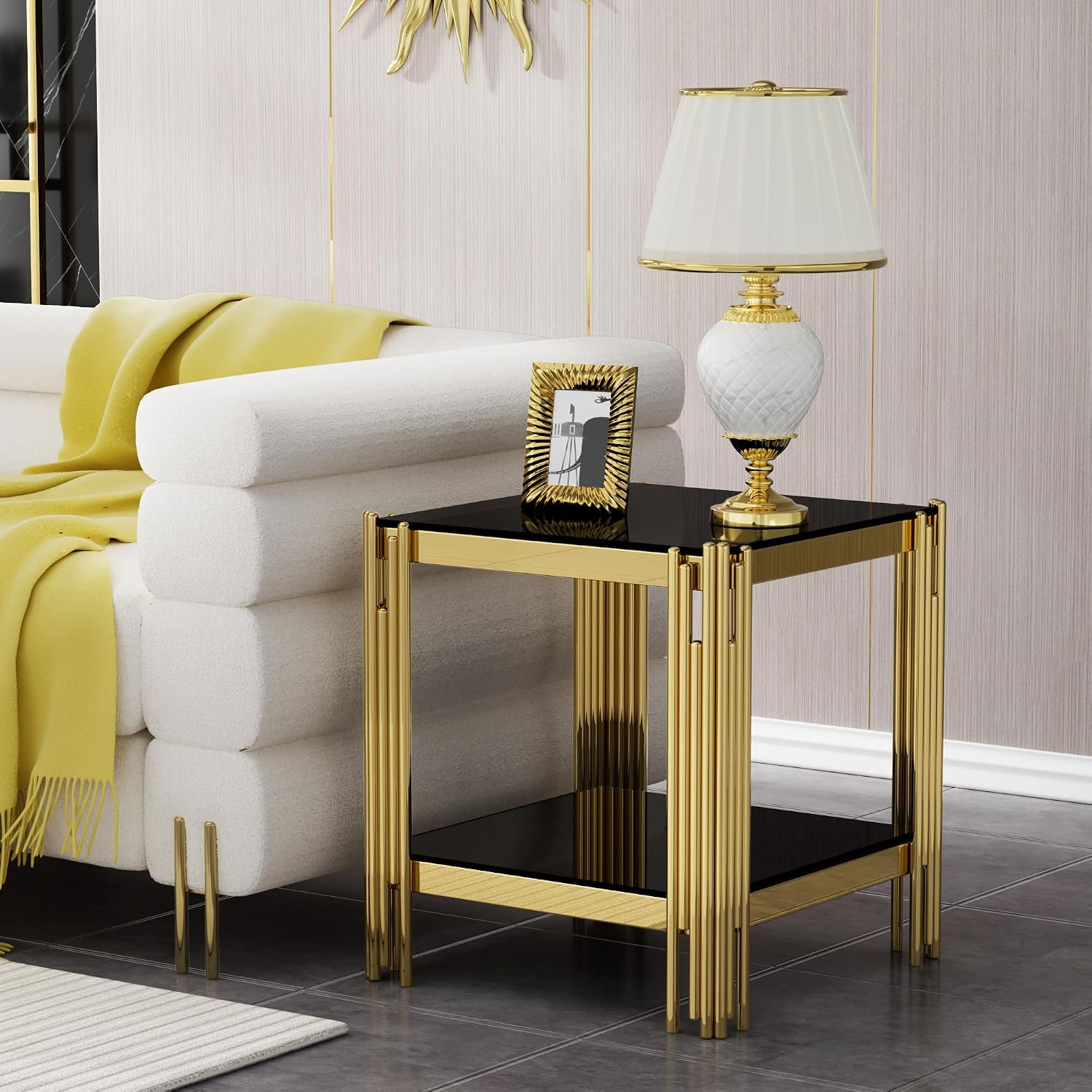 20” Square Glass End Table, 2-Tier Side Table with Black Tempered Glass Top Golden Mirrored Stainless Steel Legs, Modern Luxury Nightstand Bedside Table with Lower Shelf for Living Room