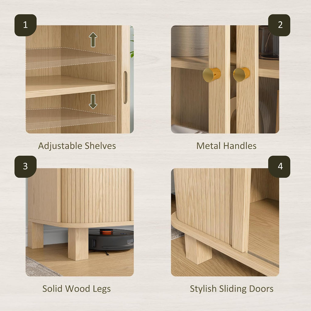 69" Tall Kitchen Pantry Storage Cabinet with Sliding Door, Modern Curved Edge Pantry Storage Cabinet with Glass Door & Adjustable Shelves, Oak Cupboard for Kitchen, Dining Room, Living Room, Office