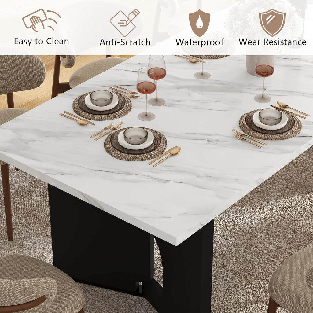 86.6" Modern Dining Table for 6-10 People,Long Kitchen Tables with Wooden Black V Shaped Frame Legs,Rectangular Dinner Table with Imitation Marble Tabletop for Kitchen, Dining Room（Only Table