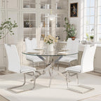 5-Piece Round Dining Table Set for 4, 47" Small Circle Tempered Glass Kitchen Table Set with Chrome Silver Leg, Upholstered Chair Side Chair for Dining Room Apartment Home, White