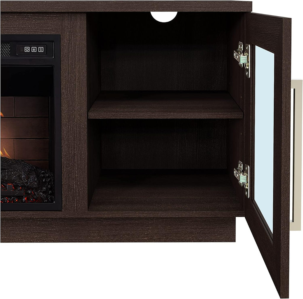 Cheerway 3D Fireplace TV Stand for TVs up to 80’’, Wooden Media Entertainment Center Table & TV Cabinets w/Storage Shelves & Barn Door, Electric Fireplace w/Remote Control
