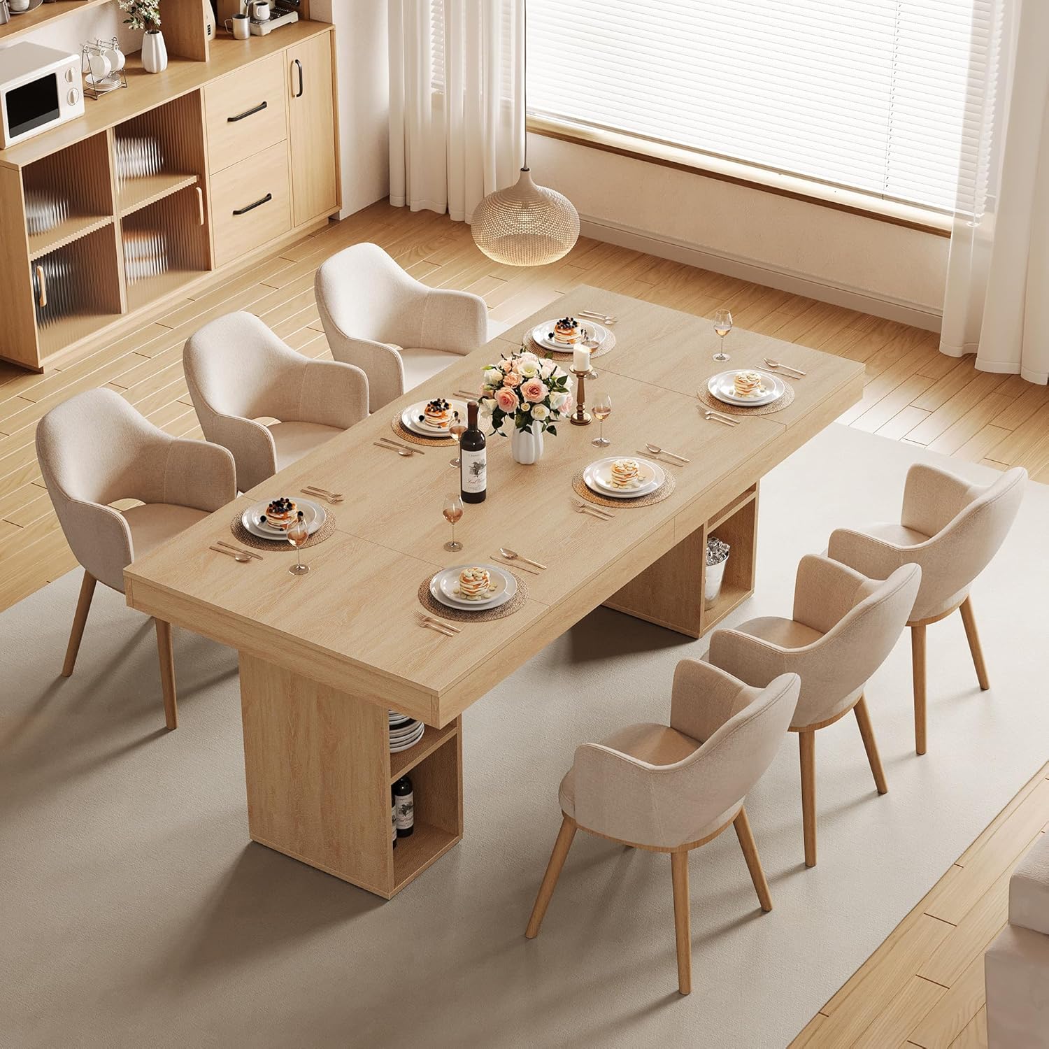 GAOMON 70.8" Wood Dining Table for 6-8 People, Large Kitchen Table with Sturdy Pedestal, Long Dining Table with Storage Cube, Farmhouse Rectangle Dinner Table for Dining Room and Living Room
