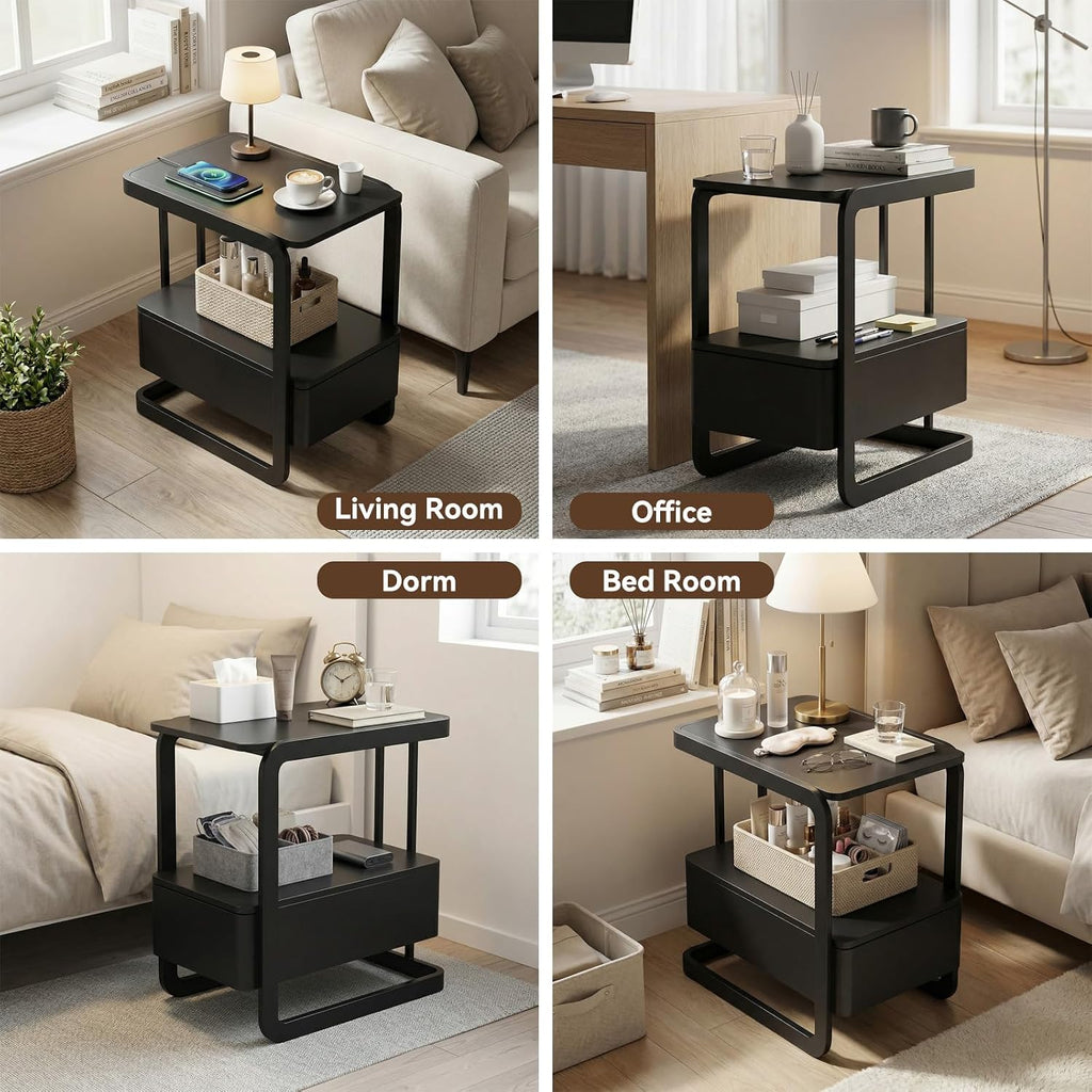 23.6" Tall Narrow Side Table with Drawer and Open Shelf – Modern End Table for Sofa, Couch & Small Spaces, Steel Frame, Lacquered Top, Nightstand for Bedroom, Living Room, Dorm, Black