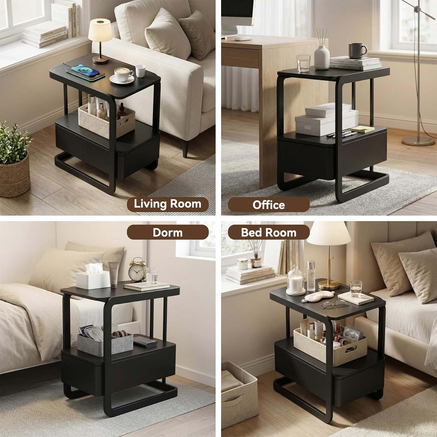 23.6" Tall Narrow Side Table with Drawer and Open Shelf – Modern End Table for Sofa, Couch & Small Spaces, Steel Frame, Lacquered Top, Nightstand for Bedroom, Living Room, Dorm, Black