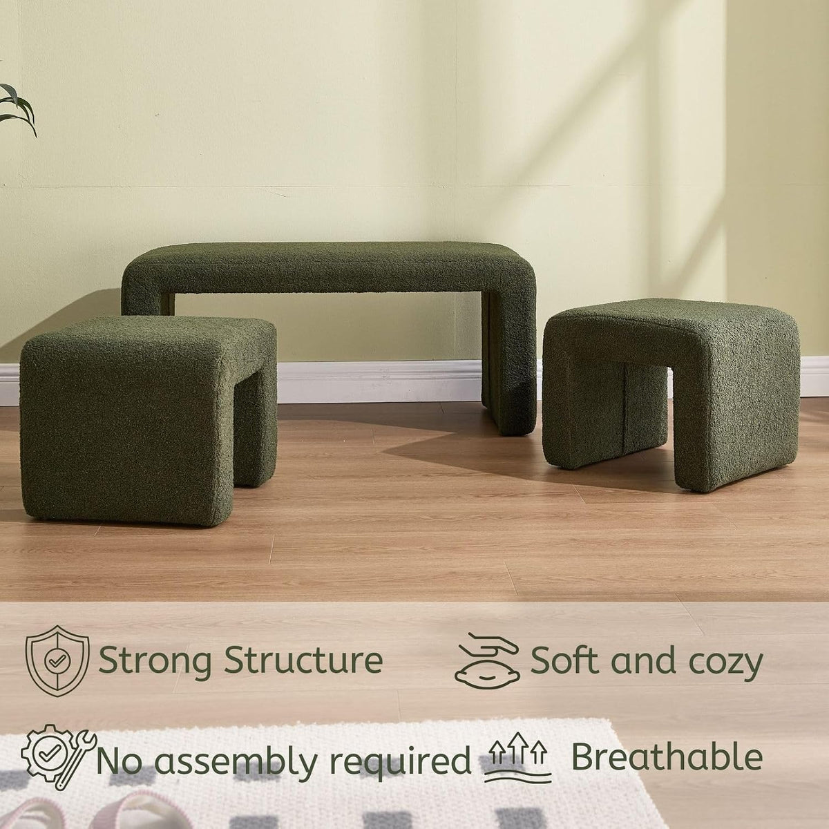 LukeAlon 3-Piece Nesting Ottoman Bench Set, 40.5" Wide Upholstered End of Bed Bench with 2 Small Stools Sherpa Comfy Entry Bench Vanity Stools Modern Arched Bench for Living Room Bedroom, Green