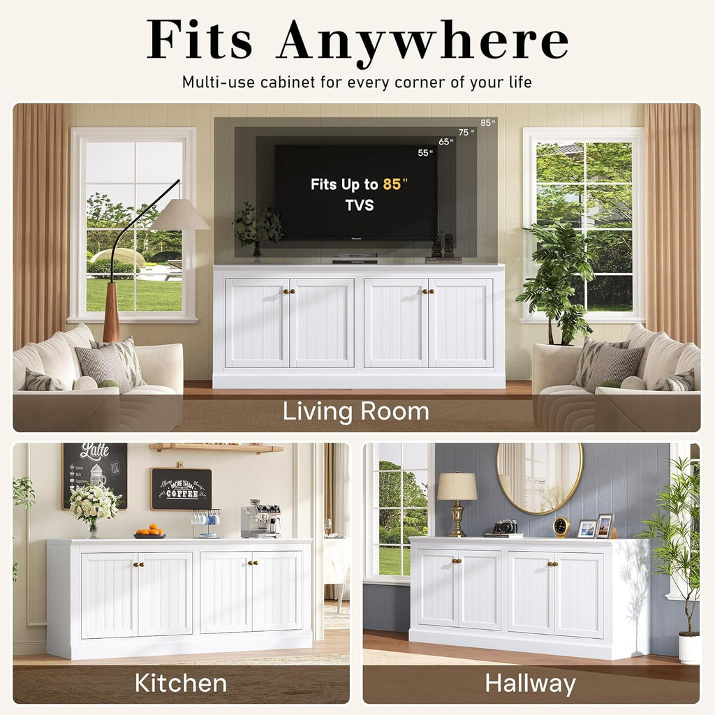 AMERLIFE 72" Farmhouse Sideboard Buffet Cabinet with Barn Doors, Storage Console Table with Adjustable Shelves, Coffee Bar/TV Stand for Living Room, Kitchen, Entryway, White