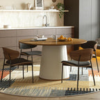 59” Modern Round Dining Table, Featuring a Decorative parquet Wood Veneer Tabletop paired with a Sturdy Cylindrical Base Structure, Suitable for Kitchen, Family Dining Room.