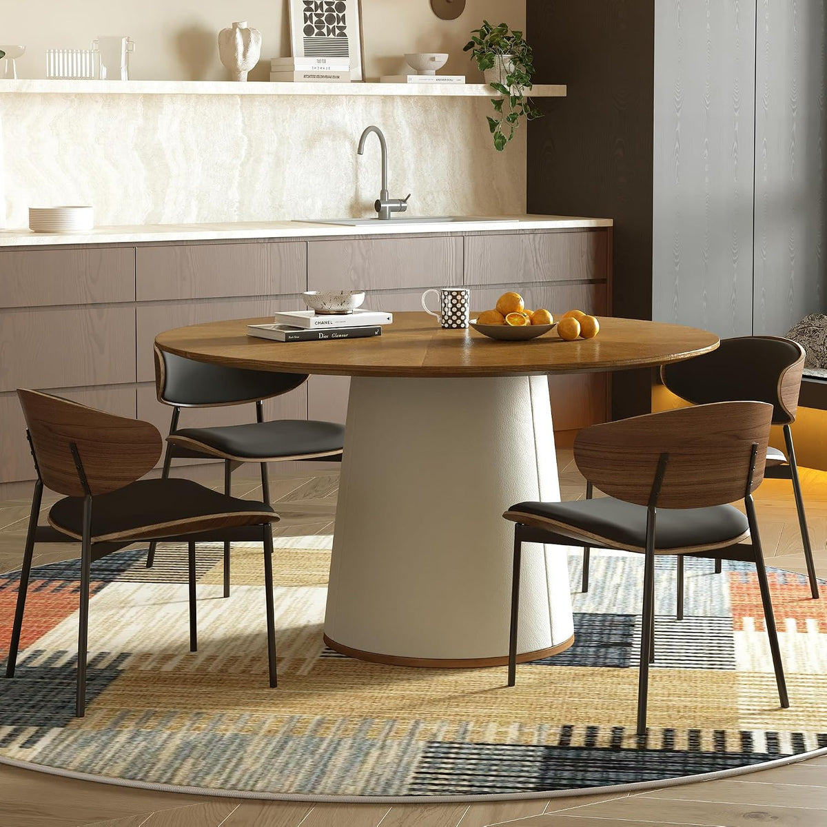 59” Modern Round Dining Table, Featuring a Decorative parquet Wood Veneer Tabletop paired with a Sturdy Cylindrical Base Structure, Suitable for Kitchen, Family Dining Room.