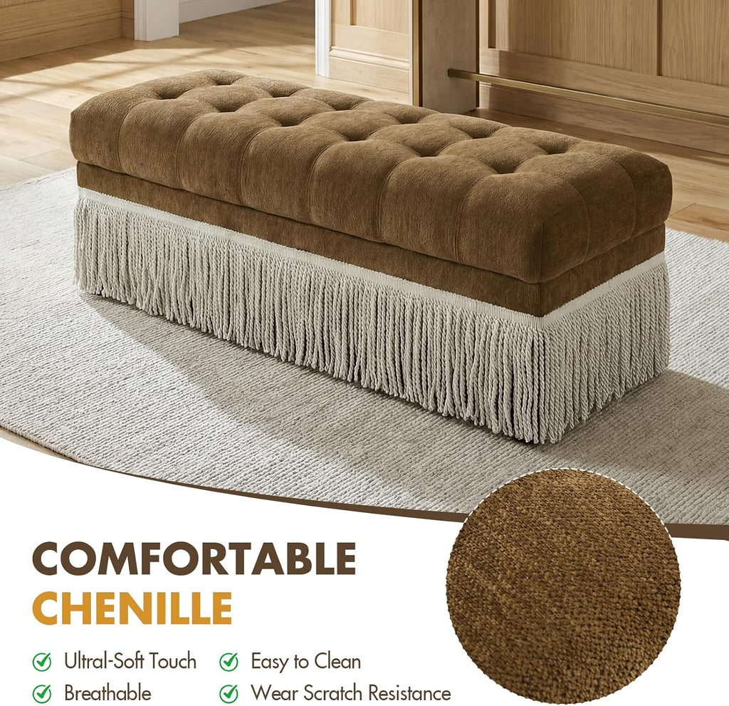 Hyfirm 47-Inch Chenille Ottoman Bench Vintage Tufted Fringe Design Brown | From bedroom dressing to living room lounging, this bench serves as an end-of-bed seat, sofa footrest, or entryway accent