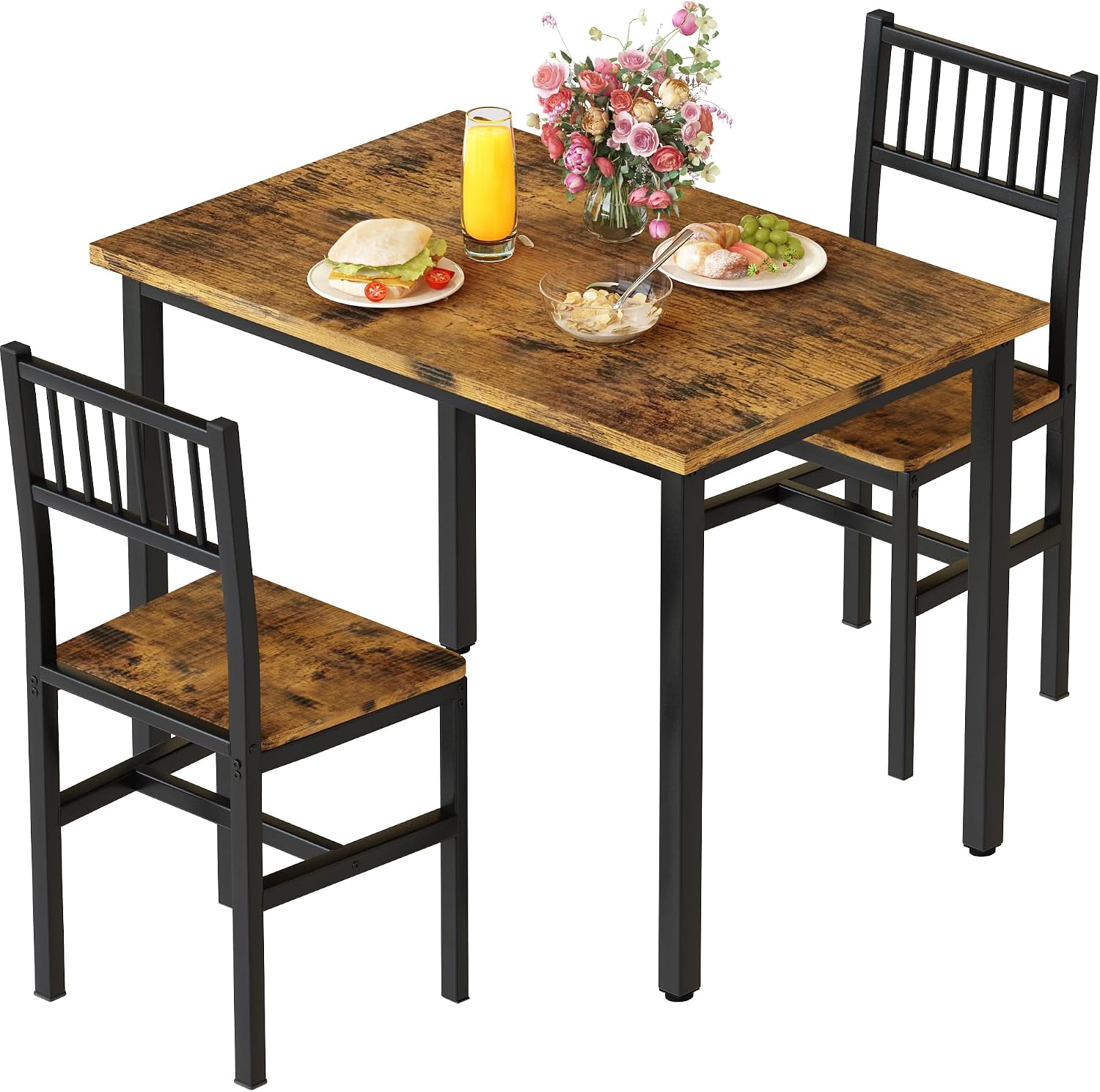 3 Piece Dining Table Set for 2, Small Wooden Kitchen Table Set with Chairs, Space Saving Breakfast Nook Table and Chairs Set of 2, Modern Dinette Set for Dining Room, Apartment, Small Space, Brown